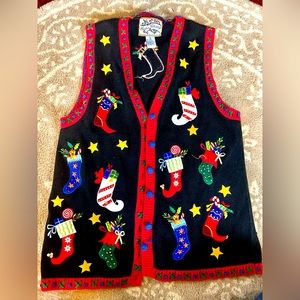 Festive vintage ugly Christmas sweater vest.